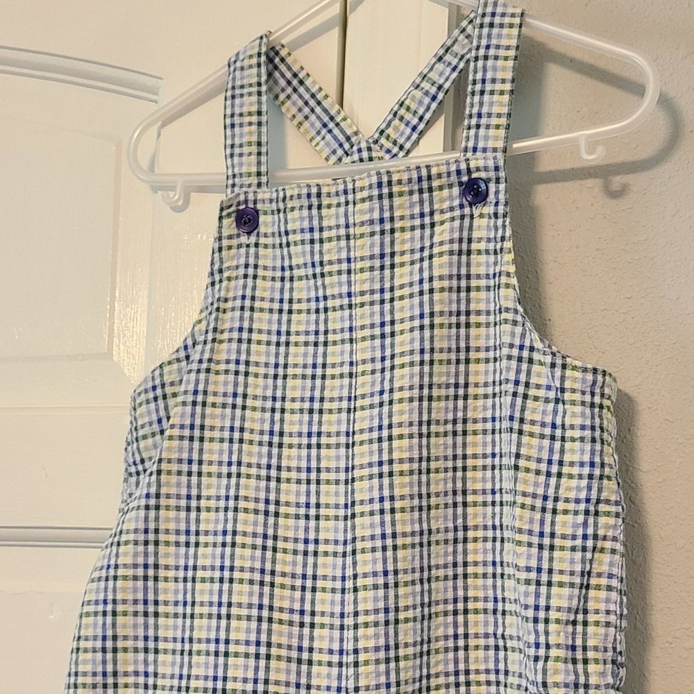 Blue yellow and green seersucker overall romper